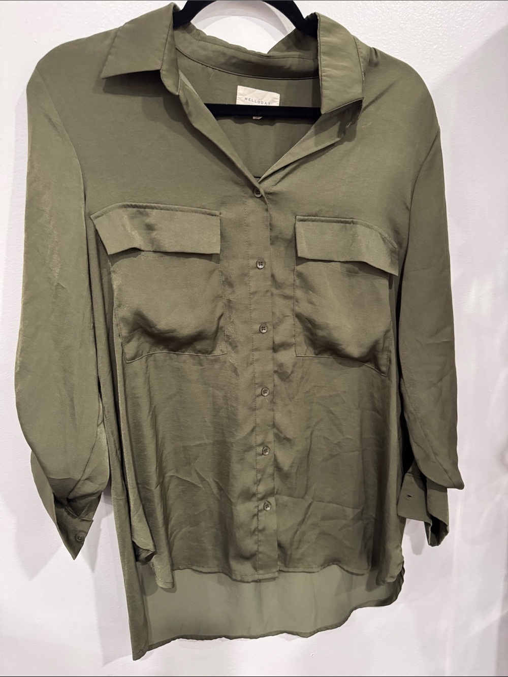 MELLODAY Olive Green Button-Down Utility Blouse